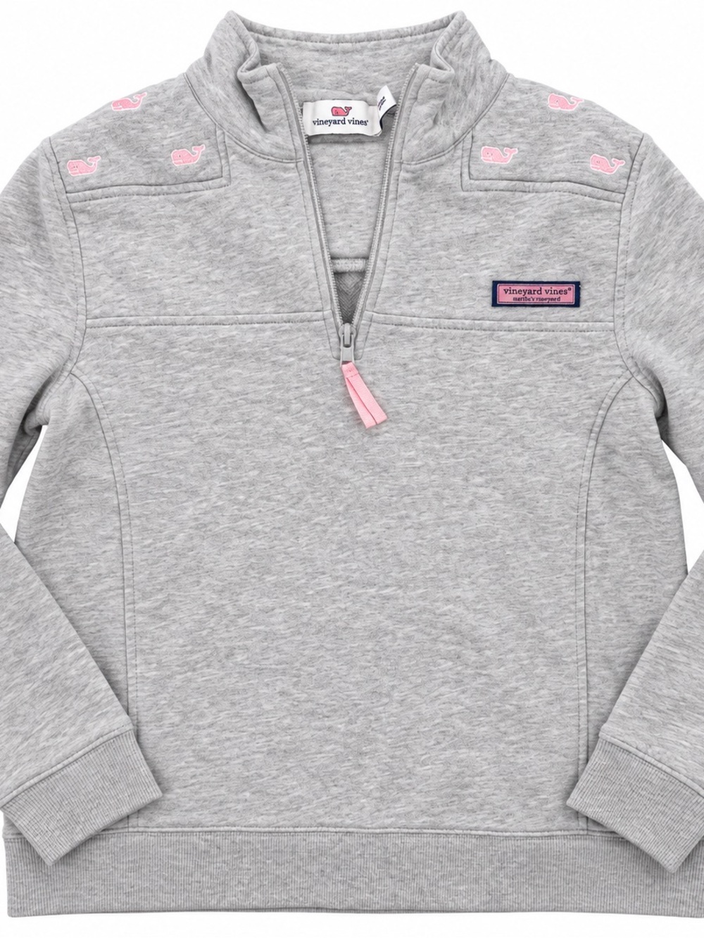 Vineyard Vines Light Gray Quarter-Zip Sweatshirt with Pink Whale Accents